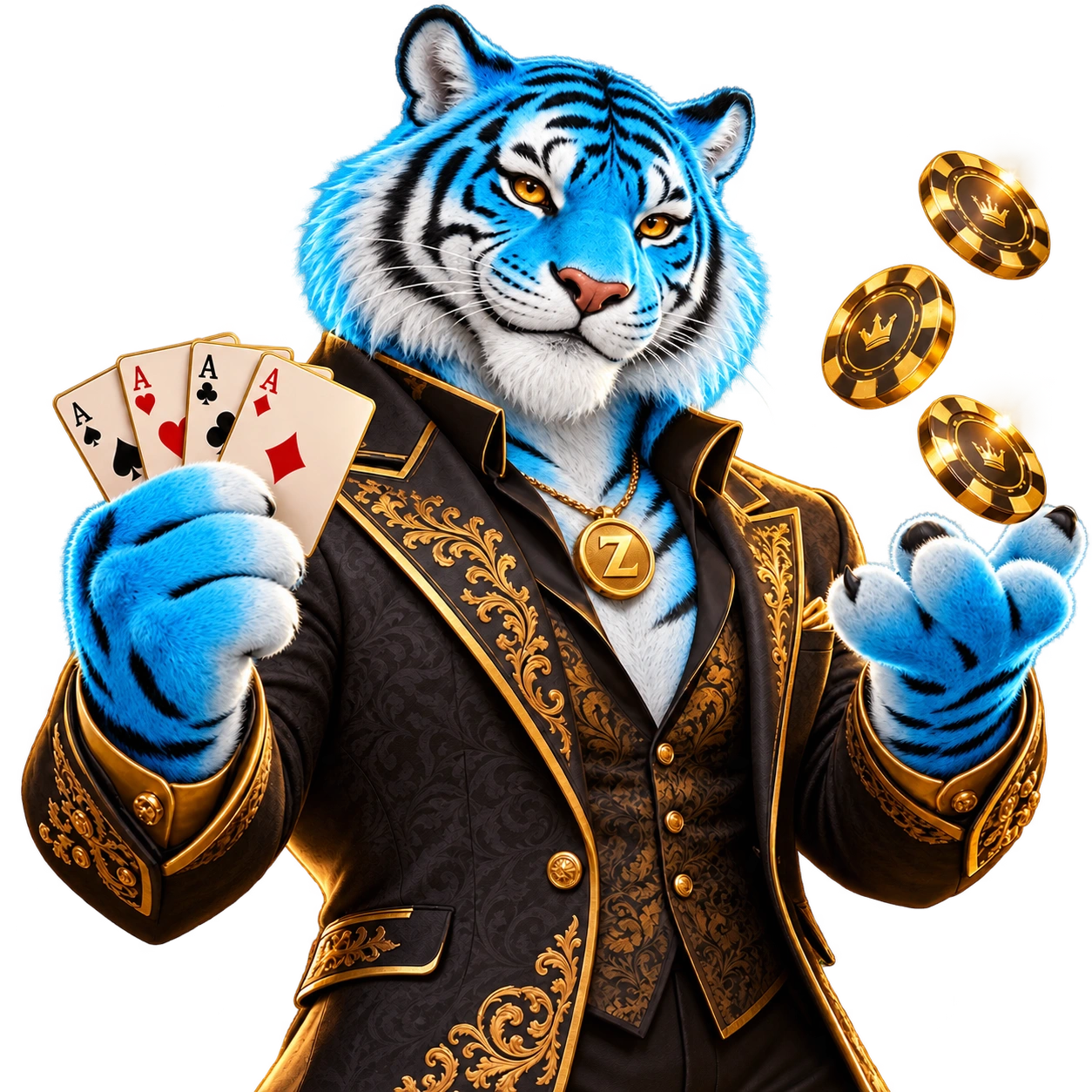 Tigre azul de Zanza Game con cartas y fichas doradas
